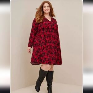 NWT TORRID 1x Disney Mickey Mouse Red & Black Plaid Button Front Shirt Dress